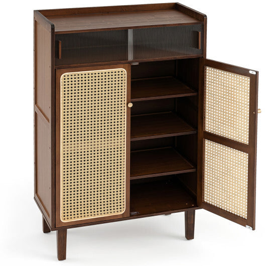 5-Tier Bamboo Shoe Cabinet with Woven Rattan Doors and Sliding Doors for Entryway-Walnut LuxuryLifeWay Online Store