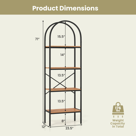 71" Tall Arched Bookcase 4-Tier with Storage Shelves & Metal Frame for Home Office-Brown & Black LuxuryLifeWay Online Store