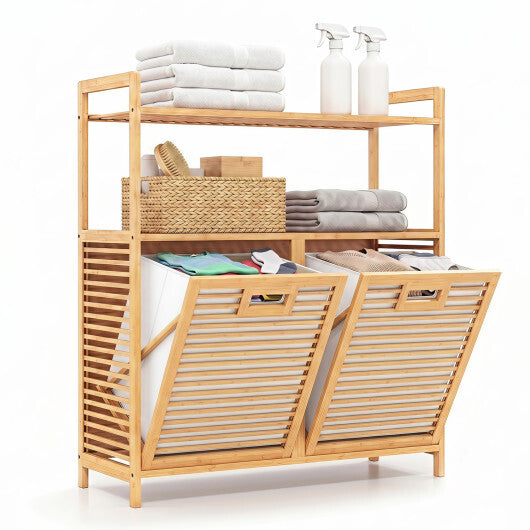 Double Tilt Out Laundry Hamper with 2 Shelves for Dirty Clothes-Natural LuxuryLifeWay Online Store