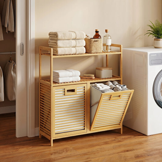 Double Tilt Out Laundry Hamper with 2 Shelves for Dirty Clothes-Natural LuxuryLifeWay Online Store
