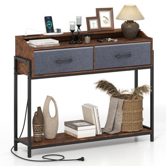 Console Table with Charging Station 110 cm Narrow Entryway Table with 2 Drawers and Shelves-Rustic Brown LuxuryLifeWay Online Store