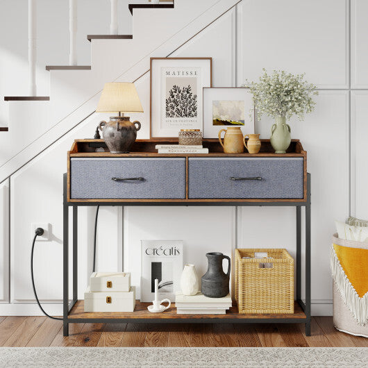 Console Table with Charging Station 110 cm Narrow Entryway Table with 2 Drawers and Shelves-Rustic Brown LuxuryLifeWay Online Store