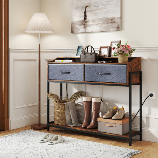 Console Table with Charging Station 110 cm Narrow Entryway Table with 2 Drawers and Shelves-Rustic Brown LuxuryLifeWay Online Store
