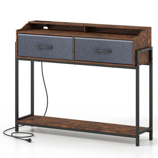 Console Table with Charging Station 110 cm Narrow Entryway Table with 2 Drawers and Shelves-Rustic Brown LuxuryLifeWay Online Store