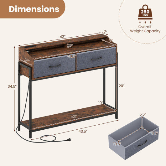 Console Table with Charging Station 110 cm Narrow Entryway Table with 2 Drawers and Shelves-Rustic Brown LuxuryLifeWay Online Store