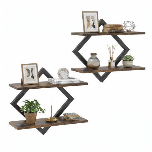 Set of 2 Metal Floating Shelves for Wall with Geometric Frame-Rustic Brown LuxuryLifeWay Online Store