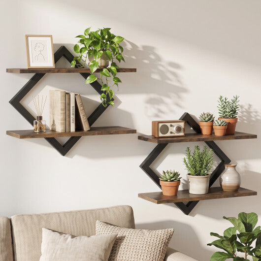 Set of 2 Metal Floating Shelves for Wall with Geometric Frame-Rustic Brown LuxuryLifeWay Online Store