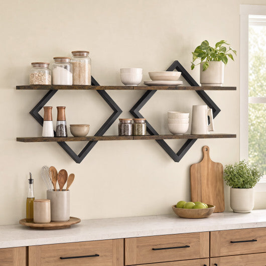 Set of 2 Metal Floating Shelves for Wall with Geometric Frame-Rustic Brown LuxuryLifeWay Online Store
