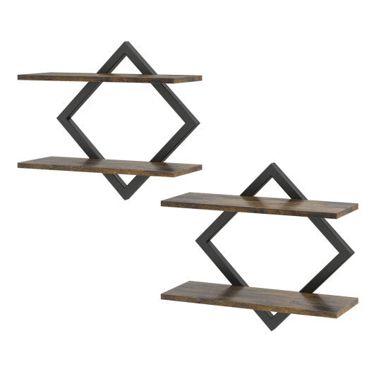 Set of 2 Metal Floating Shelves for Wall with Geometric Frame-Rustic Brown LuxuryLifeWay Online Store