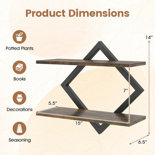 Set of 2 Metal Floating Shelves for Wall with Geometric Frame-Rustic Brown LuxuryLifeWay Online Store