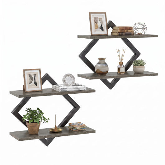 Set of 2 Metal Floating Shelves for Wall with Geometric Frame-Rustic Brown LuxuryLifeWay Online Store