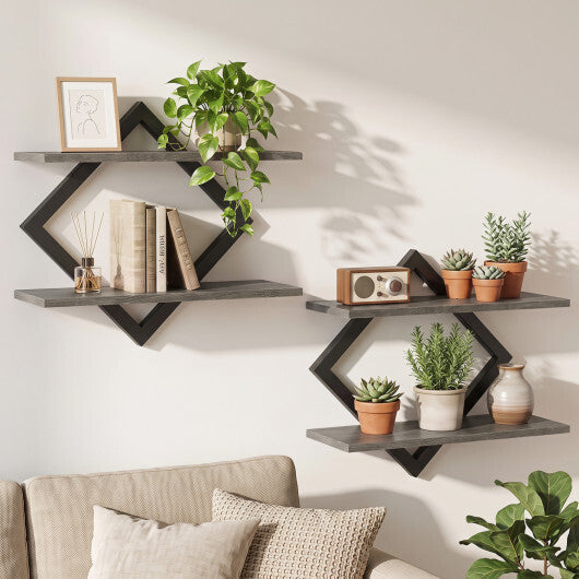 Set of 2 Metal Floating Shelves for Wall with Geometric Frame-Rustic Brown LuxuryLifeWay Online Store