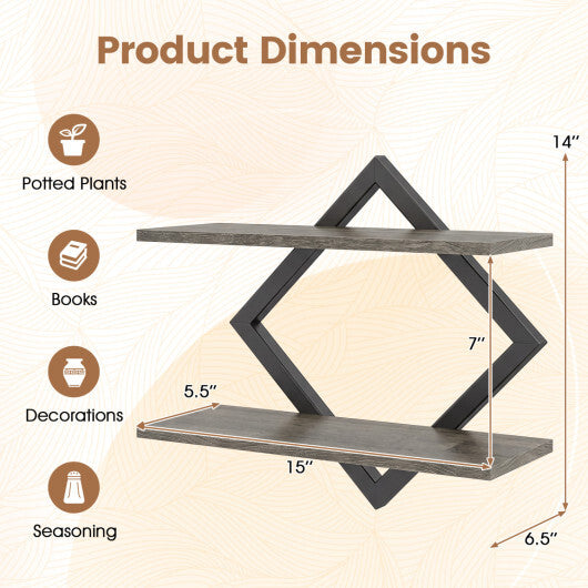 Set of 2 Metal Floating Shelves for Wall with Geometric Frame-Rustic Brown LuxuryLifeWay Online Store