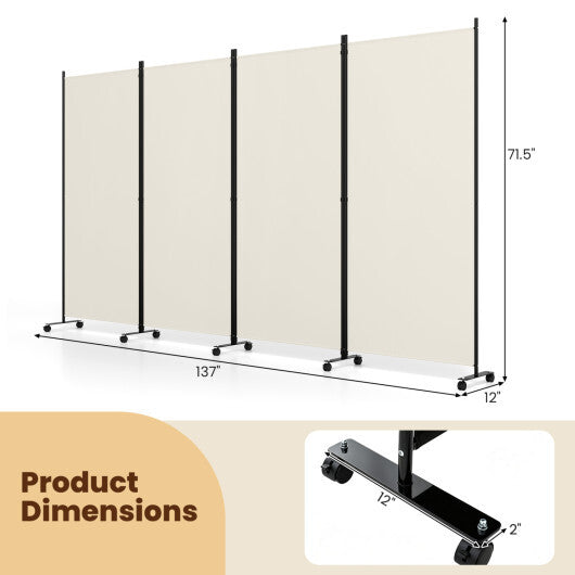 4 Panel Folding Privacy Screen Room Divider with Wheels-White LuxuryLifeWay Online Store