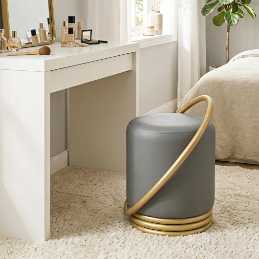 Round Vanity Stool Faux Leather Makeup Chair with Gold Halo Design-Grey LuxuryLifeWay Online Store