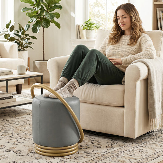 Round Vanity Stool Faux Leather Makeup Chair with Gold Halo Design-Grey LuxuryLifeWay Online Store