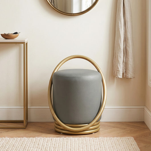 Round Vanity Stool Faux Leather Makeup Chair with Gold Halo Design-Grey LuxuryLifeWay Online Store