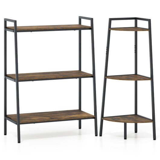 3-Tier Ladder Shelf and Corner Shelf Set with Metal Frame-Rusticbrown LuxuryLifeWay Online Store