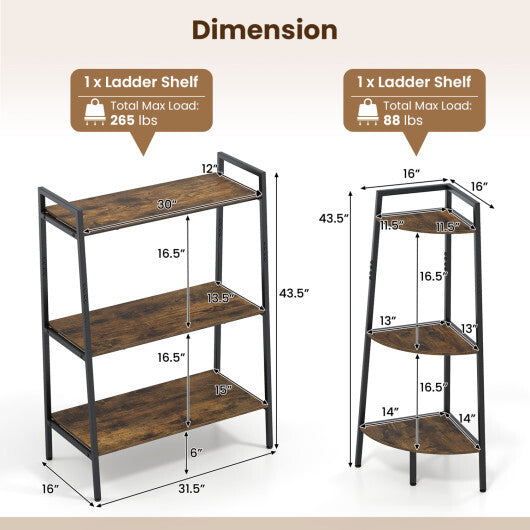 3-Tier Ladder Shelf and Corner Shelf Set with Metal Frame-Rusticbrown LuxuryLifeWay Online Store