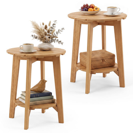 Set of 2 Eucalyptus Wood Side Table 2-Tier with Slatted Tabletop and Storage Shelf for Outdoor-Natural LuxuryLifeWay Online Store