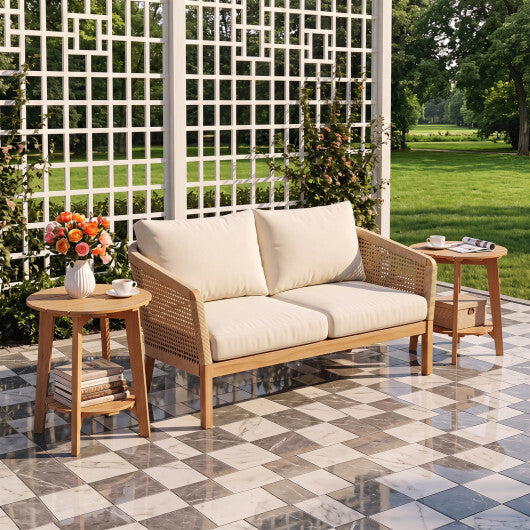 Set of 2 Eucalyptus Wood Side Table 2-Tier with Slatted Tabletop and Storage Shelf for Outdoor-Natural LuxuryLifeWay Online Store