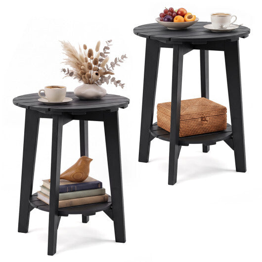Set of 2 2-Tier Outdoor Eucalyptus Wood Side Table with Slatted Tabletop and Storage Shelf for Backyard-Black LuxuryLifeWay Online Store