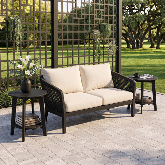 Set of 2 2-Tier Outdoor Eucalyptus Wood Side Table with Slatted Tabletop and Storage Shelf for Backyard-Black LuxuryLifeWay Online Store