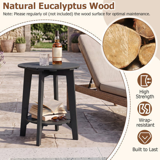 Set of 2 2-Tier Outdoor Eucalyptus Wood Side Table with Slatted Tabletop and Storage Shelf for Backyard-Black LuxuryLifeWay Online Store