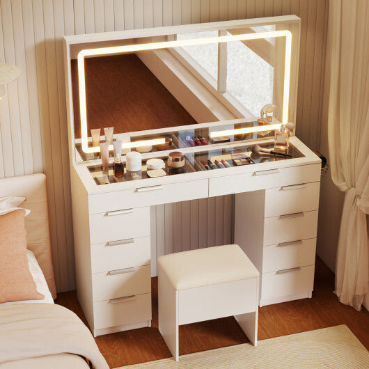 Vanity Desk with Mirror & Lights and Stool with Charging Station for Makeup-White LuxuryLifeWay Online Store