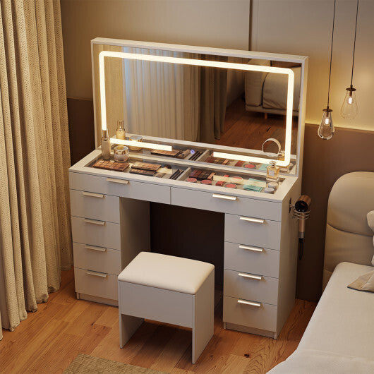 Vanity Desk with Mirror & Lights and Stool with Charging Station for Makeup-White LuxuryLifeWay Online Store