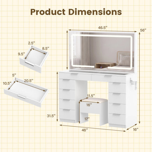 Vanity Desk with Mirror & Lights and Stool with Charging Station for Makeup-White LuxuryLifeWay Online Store