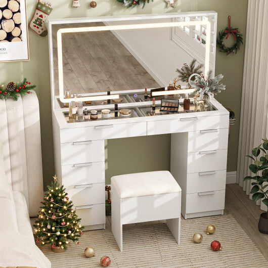 Vanity Desk with Mirror & Lights and Stool with Charging Station for Makeup-White LuxuryLifeWay Online Store