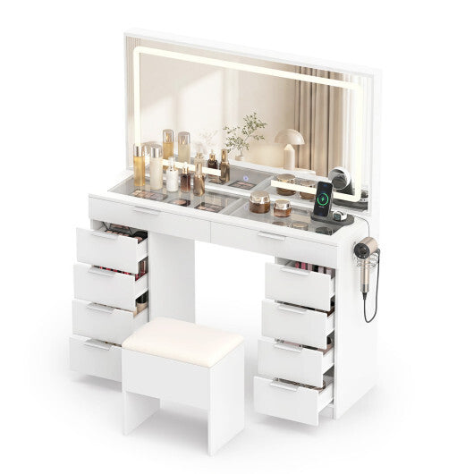 Vanity Desk with Mirror & Lights and Stool with Charging Station for Makeup-White LuxuryLifeWay Online Store