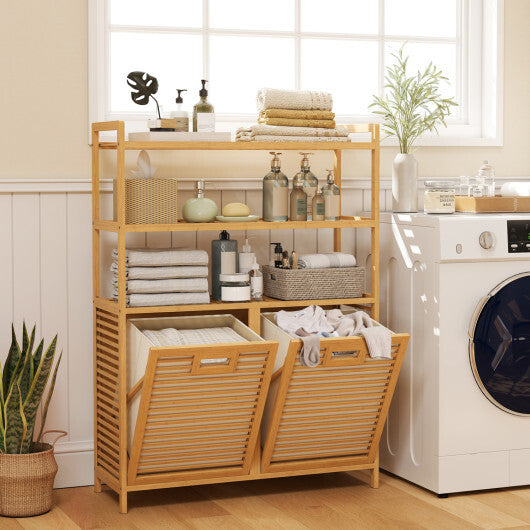 Double Tilt Out Laundry Hamper with 3 Shelves and 2 Removable Baskets for Dirty Clothes-Natural LuxuryLifeWay Online Store