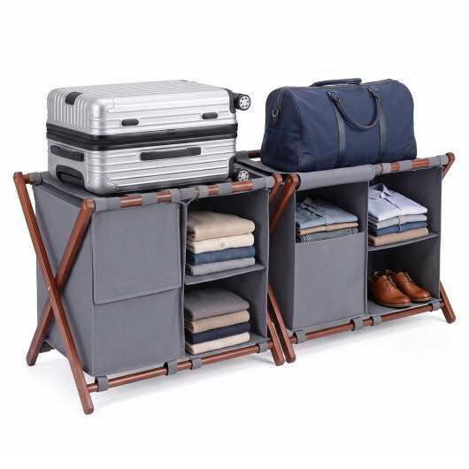 27" Bamboo Luggage Rack Set of 2 with 5 Nylon Straps and Compartments for Hotel-Walnut & Gray LuxuryLifeWay Online Store