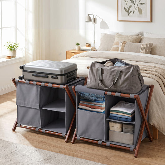 27" Bamboo Luggage Rack Set of 2 with 5 Nylon Straps and Compartments for Hotel-Walnut & Gray LuxuryLifeWay Online Store