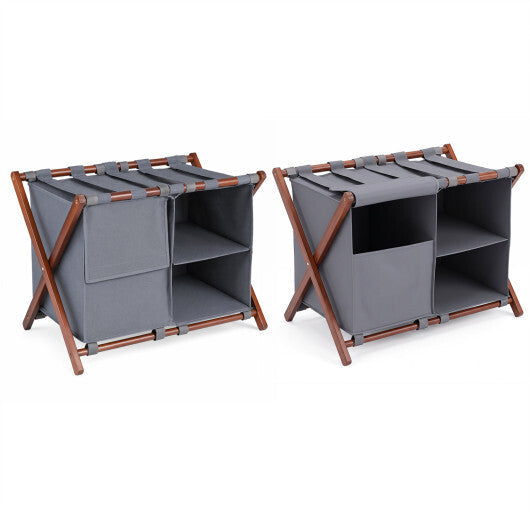 27" Bamboo Luggage Rack Set of 2 with 5 Nylon Straps and Compartments for Hotel-Walnut & Gray LuxuryLifeWay Online Store