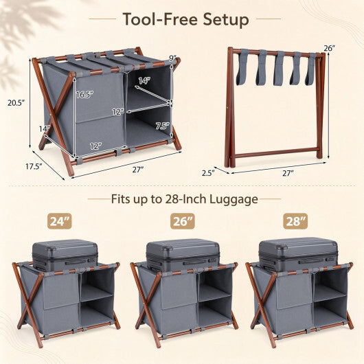 27" Bamboo Luggage Rack Set of 2 with 5 Nylon Straps and Compartments for Hotel-Walnut & Gray LuxuryLifeWay Online Store