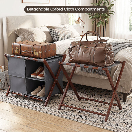 27" Bamboo Luggage Rack Set of 2 with 5 Nylon Straps and Compartments for Hotel-Walnut & Gray LuxuryLifeWay Online Store