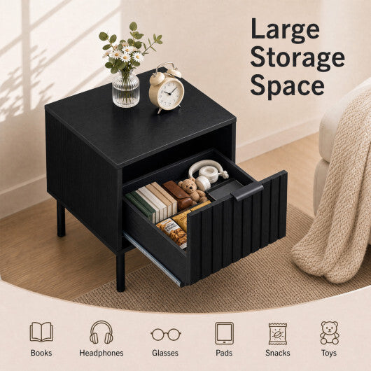 Black Modern Nightstand with Vertical-Striped Storage Drawer-Black LuxuryLifeWay Online Store