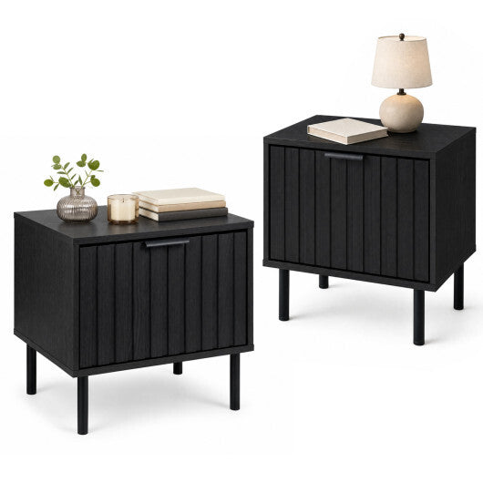 Set of 2 Black Modern Nightstand with Vertical-Striped Storage Drawer-Black LuxuryLifeWay Online Store