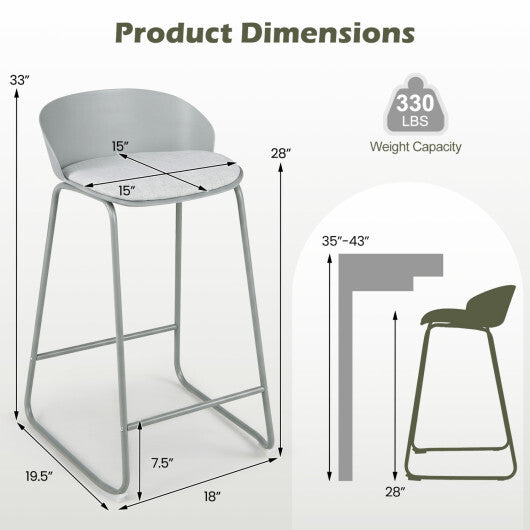 Set of 2 Counter Height Bar Stools with Curved Backrest and Metal Frame for Kitchen Dining-Gray LuxuryLifeWay Online Store