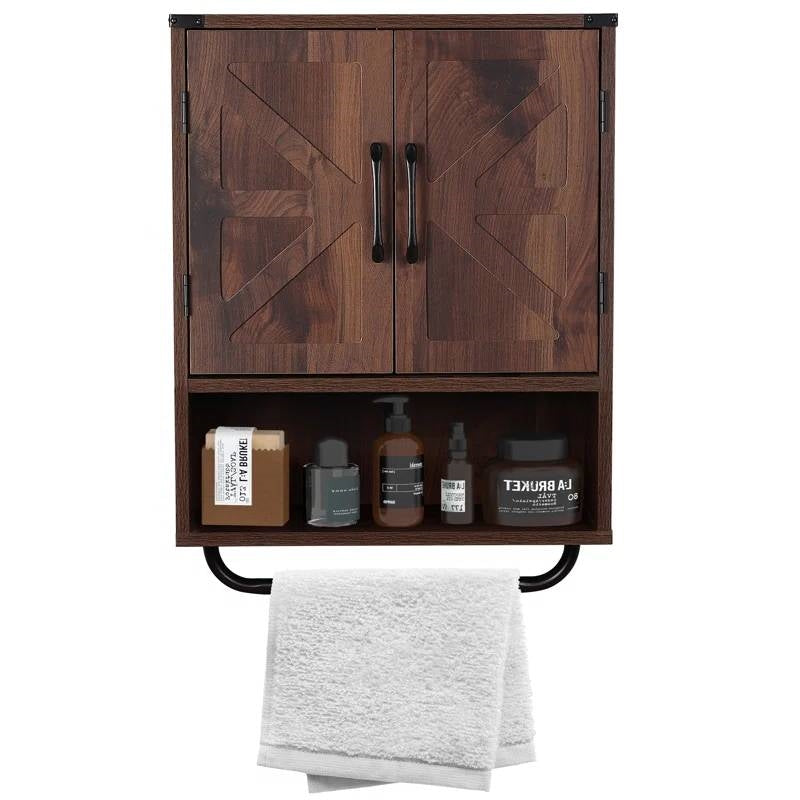 Farmhouse Bathroom Wall Cabinet with Towel Bar in Brown Wood Finish LuxuryLifeWay Online Store