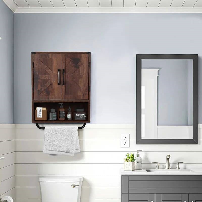 Farmhouse Bathroom Wall Cabinet with Towel Bar in Brown Wood Finish LuxuryLifeWay Online Store