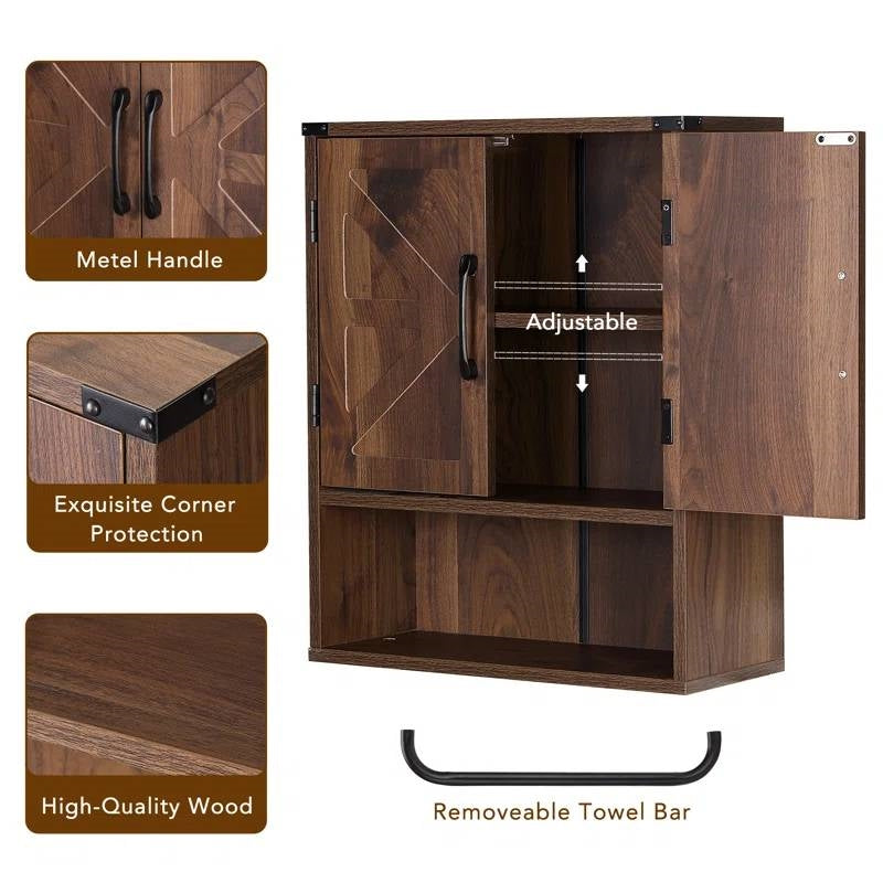 Farmhouse Bathroom Wall Cabinet with Towel Bar in Brown Wood Finish LuxuryLifeWay Online Store