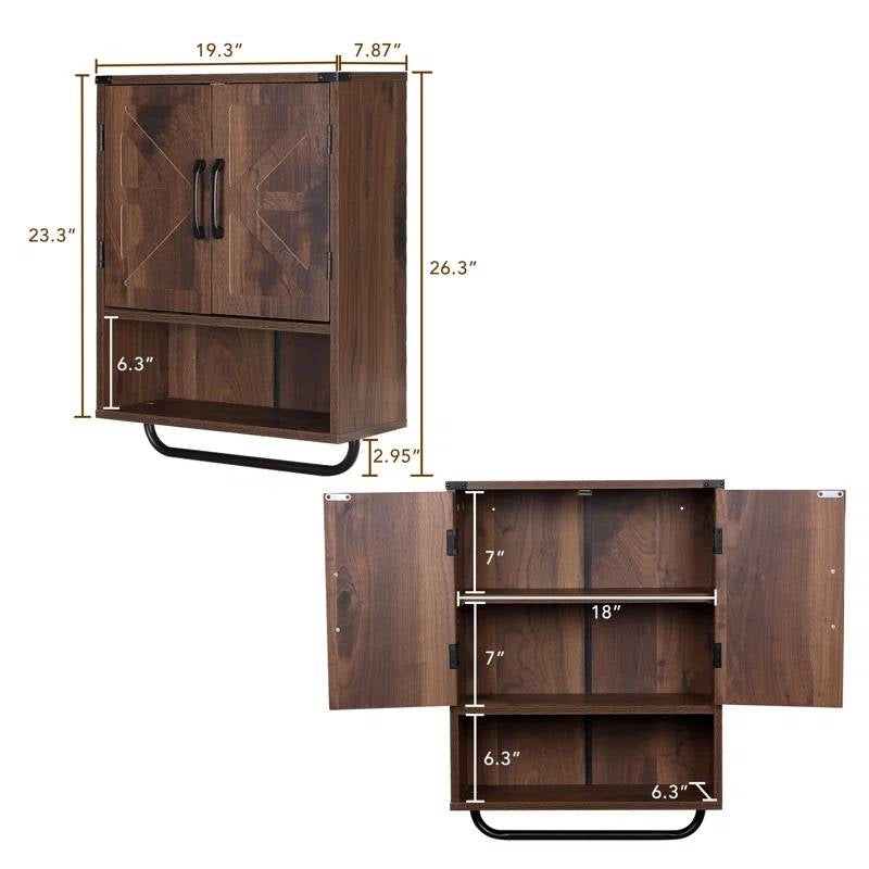 Farmhouse Bathroom Wall Cabinet with Towel Bar in Brown Wood Finish LuxuryLifeWay Online Store