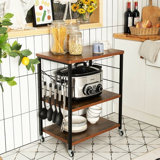3-Tier Kitchen Baker's Rack Microwave Oven Storage Cart with Hooks-Rustic Brown - Color: Rustic Brown LuxuryLifeWay Online Store