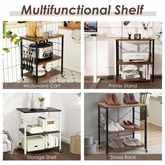 3-Tier Kitchen Baker's Rack Microwave Oven Storage Cart with Hooks-Rustic Brown - Color: Rustic Brown LuxuryLifeWay Online Store
