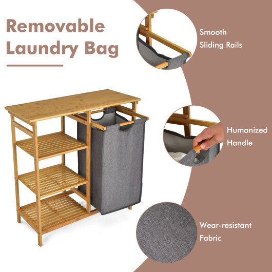 Bamboo Laundry Hamper Stand with Removable Sliding Bag and 3-Tier Open Shelves - Color: Natural LuxuryLifeWay Online Store