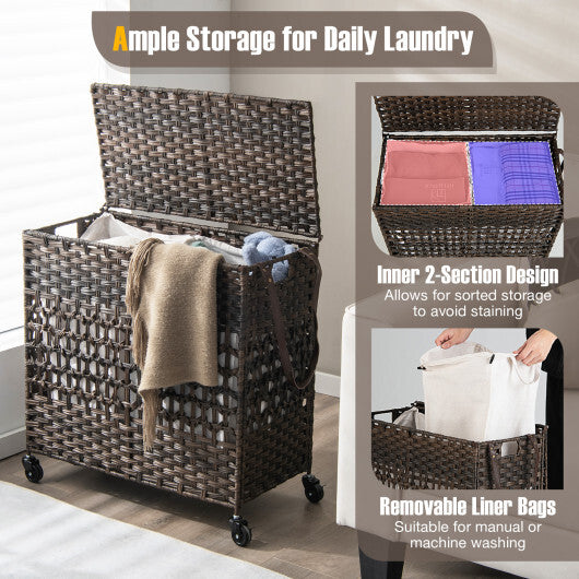 110L 2-Section Laundry Hamper with 2 Removable and Washable Liner Bags-Brown - Color: Brown LuxuryLifeWay Online Store